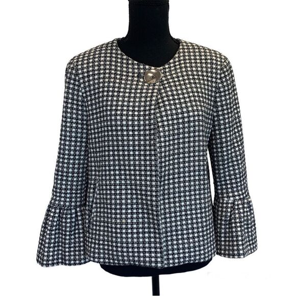 𝅺ZARA tweed plaid check black white bell sleeve jacket Sz M - Picture 1 of 15